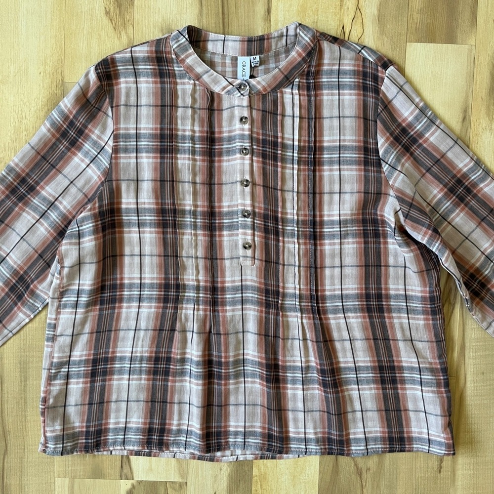 Grace Karma Top Women's Medium New NWT Plaid Neutral Cotton Gauze Scandi Earthy